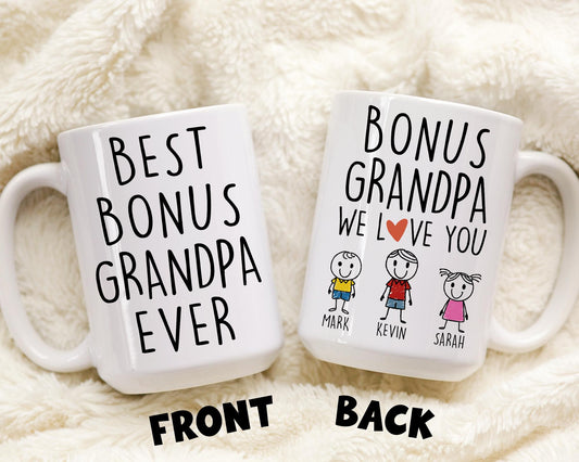 Best Bonus Grandpa Christmas Mug, Personalized Step Grandpa Birthday Gift, Step Granddad Father's Day Gift From Step Grandkids Name Present
