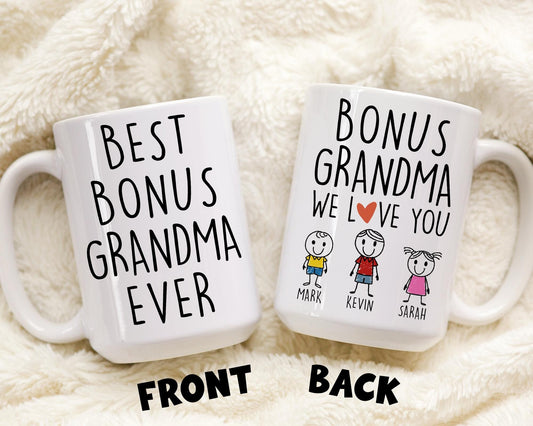 Bonus Grandma Gift, Personalized Bonus Grandma Grandkids Name Mug, Step Grandmother Gift, Custom Step Grandma Birthday Christmas Present