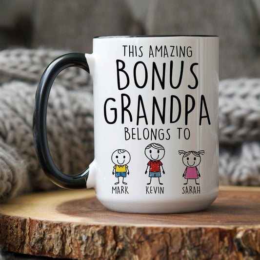 Bonus Grandpa Gift, Personalized Bonus Grandpa Grandkids Name Mug, Step Grandfather Gift, Custom Step Grandpa Birthday Christmas Present