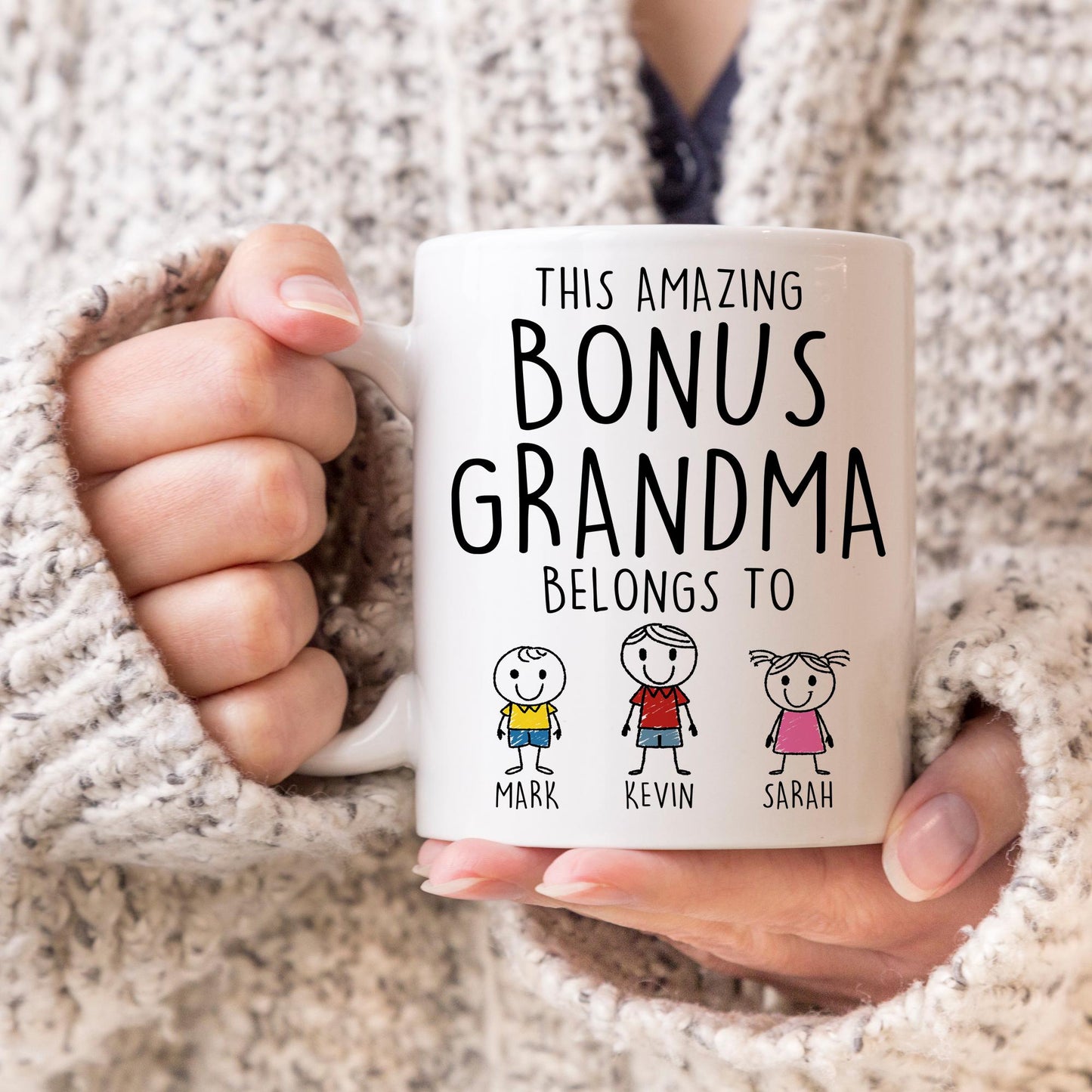 Best Bonus Grandma Christmas Mug, Personalized Step Grandma Birthday Gift, Step Grandmom Mother's Day Gift From Step Grandkids Name Present