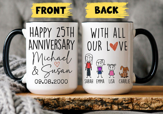 25th Anniversary mug, Personalized 25th Wedding Anniversary Gift from Kids Daughter, Family Mug, Custom 25th Anniversary Parents Present