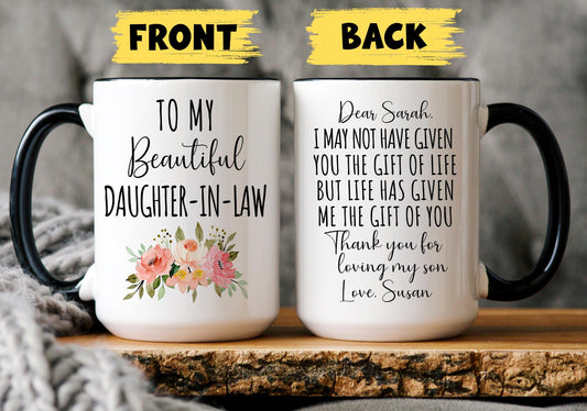 Personalized Daughter In Law Gift, Future Daughter In Law Mug, Bride to be Gift, Wedding Gift, Son's Wife Birthday Gift, Sons Wife Present
