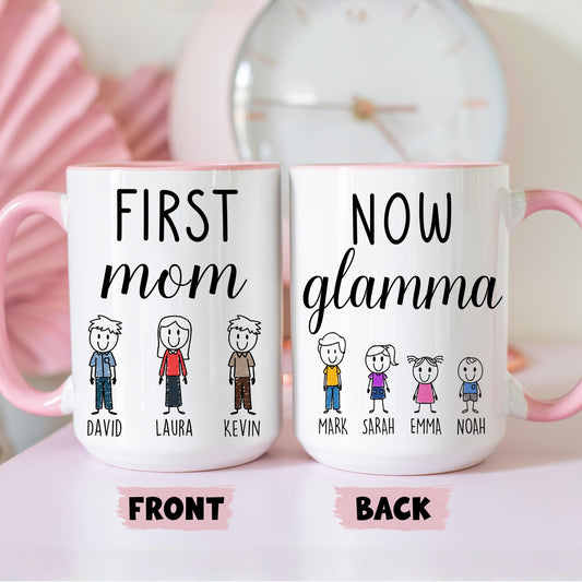 First Mom Now Glamma Mug, Personalized Mom Glamma Mug, Glamma Grandkids names Gift, Custom Glamma Mother's day Gift, Glamma Birthday Present