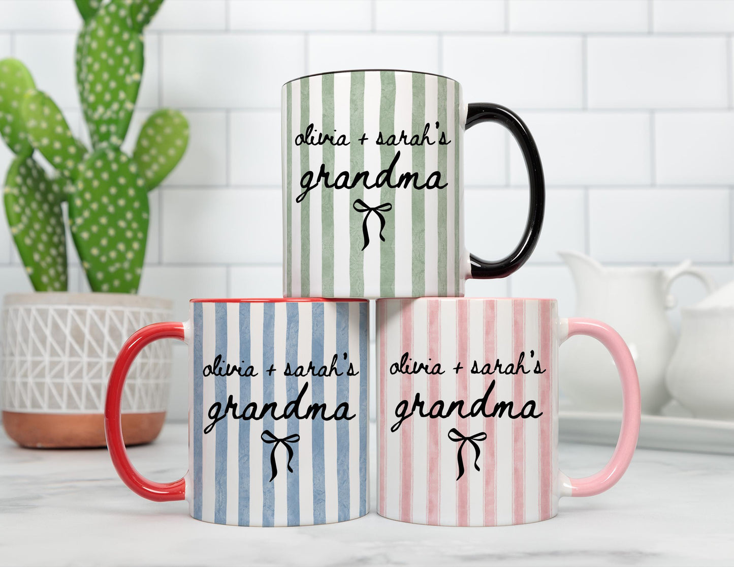 Grandma of two Mug, Personalized Grandma kids name Gift, Grandma Mothers Day Birthday Gift, Custom Grandma Stripe Cup, Twin Grandma Mug