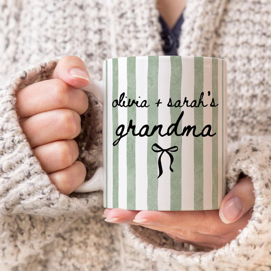Grandma of two Mug, Personalized Grandma kids name Gift, Grandma Mothers Day Birthday Gift, Custom Grandma Stripe Cup, Twin Grandma Mug
