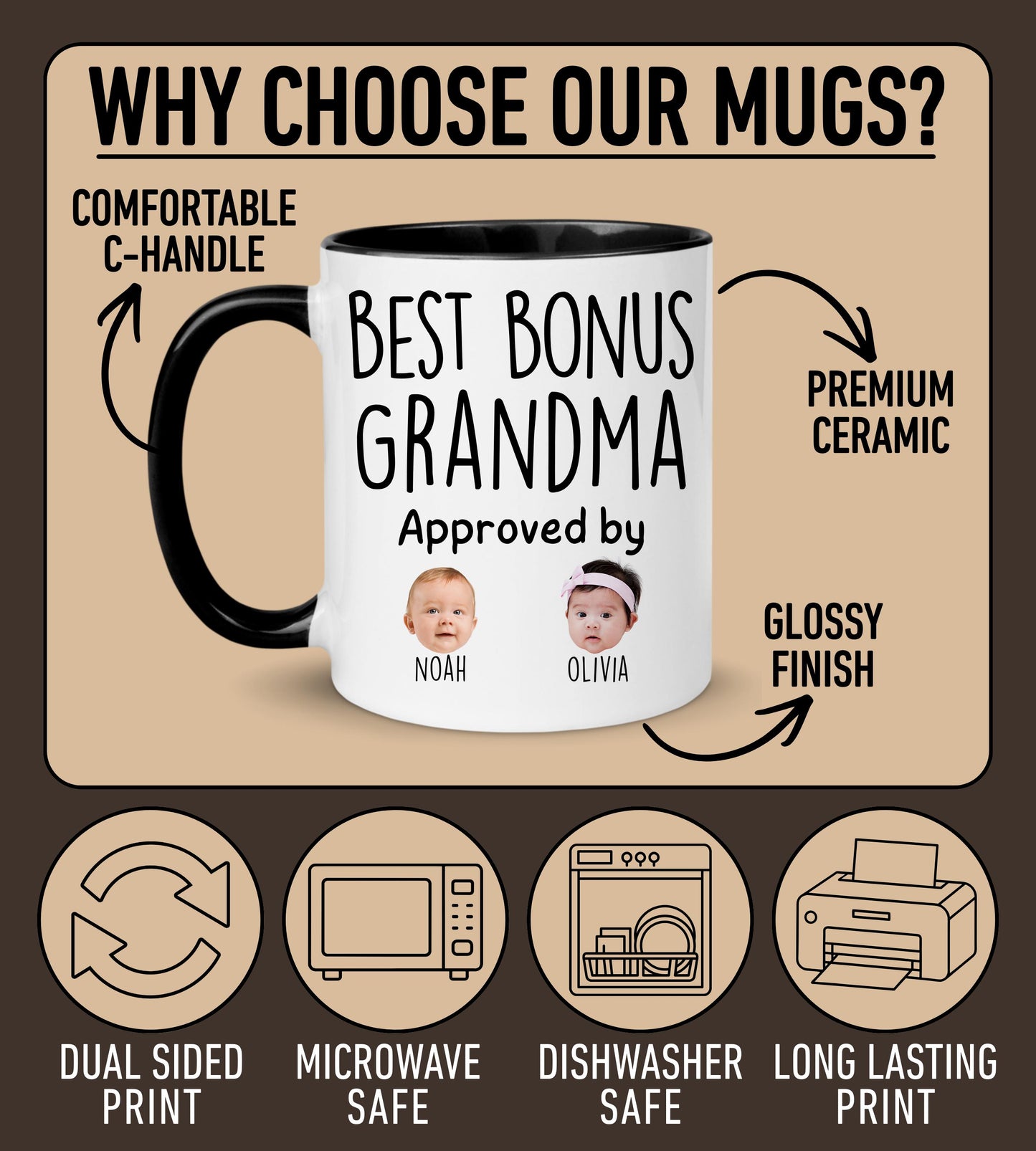 Best Bonus Grandma Mug, Personalized Step Grandma Kids Baby Face Photo Gift, Custom Stepgrandma Baby Present, Grandchild face, Bonus Grandma