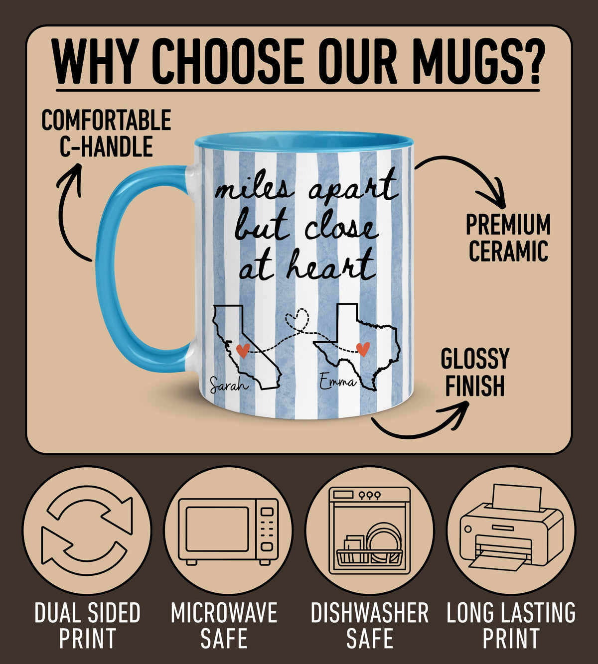 Long Distance Friendship Gift, Personalize State to State Friends Mug, Miles Apart But Close At Heart Mug,  Moving away Soul Sister BFF Mug