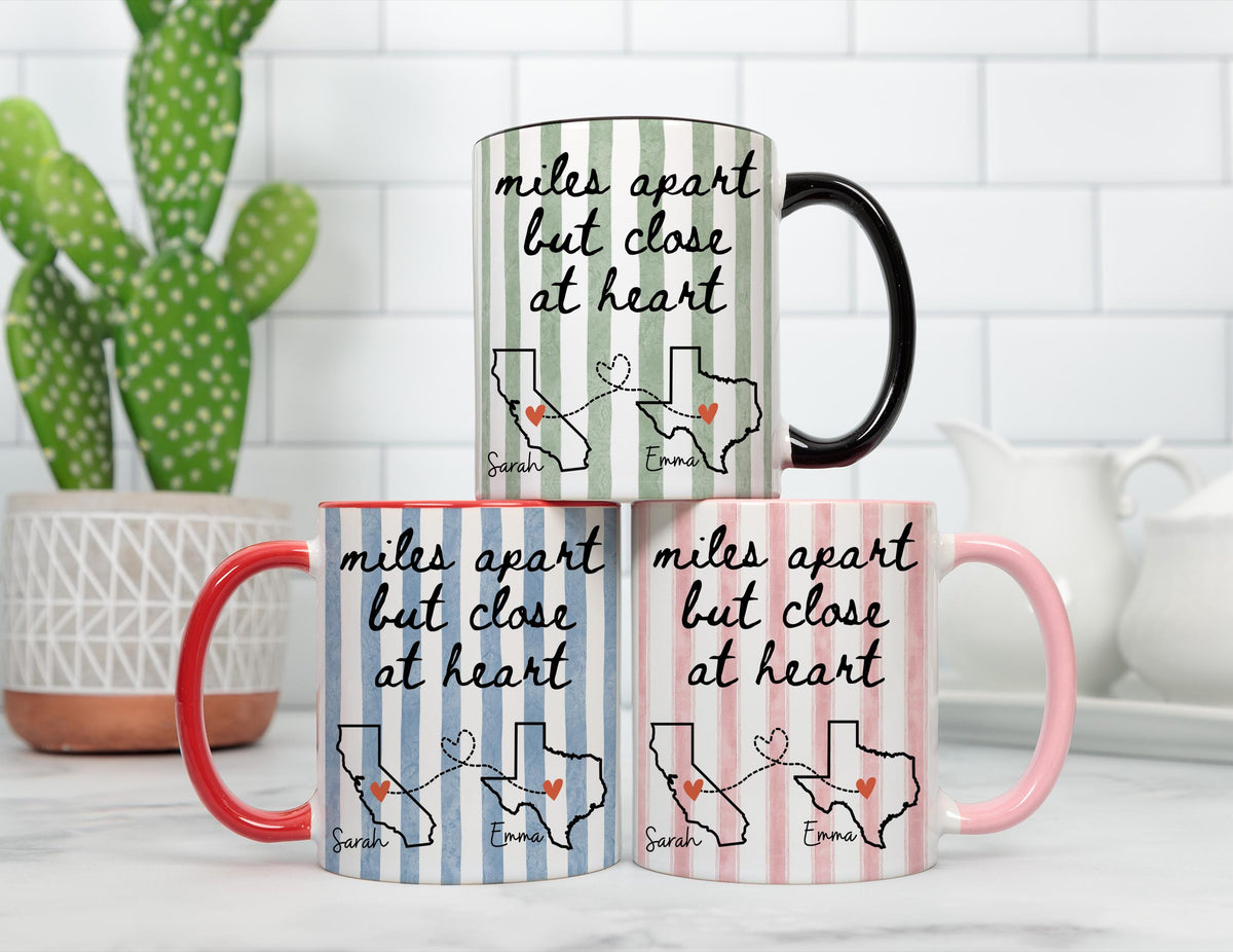 Long Distance Friendship Gift, Personalize State to State Friends Mug, Miles Apart But Close At Heart Mug,  Moving away Soul Sister BFF Mug