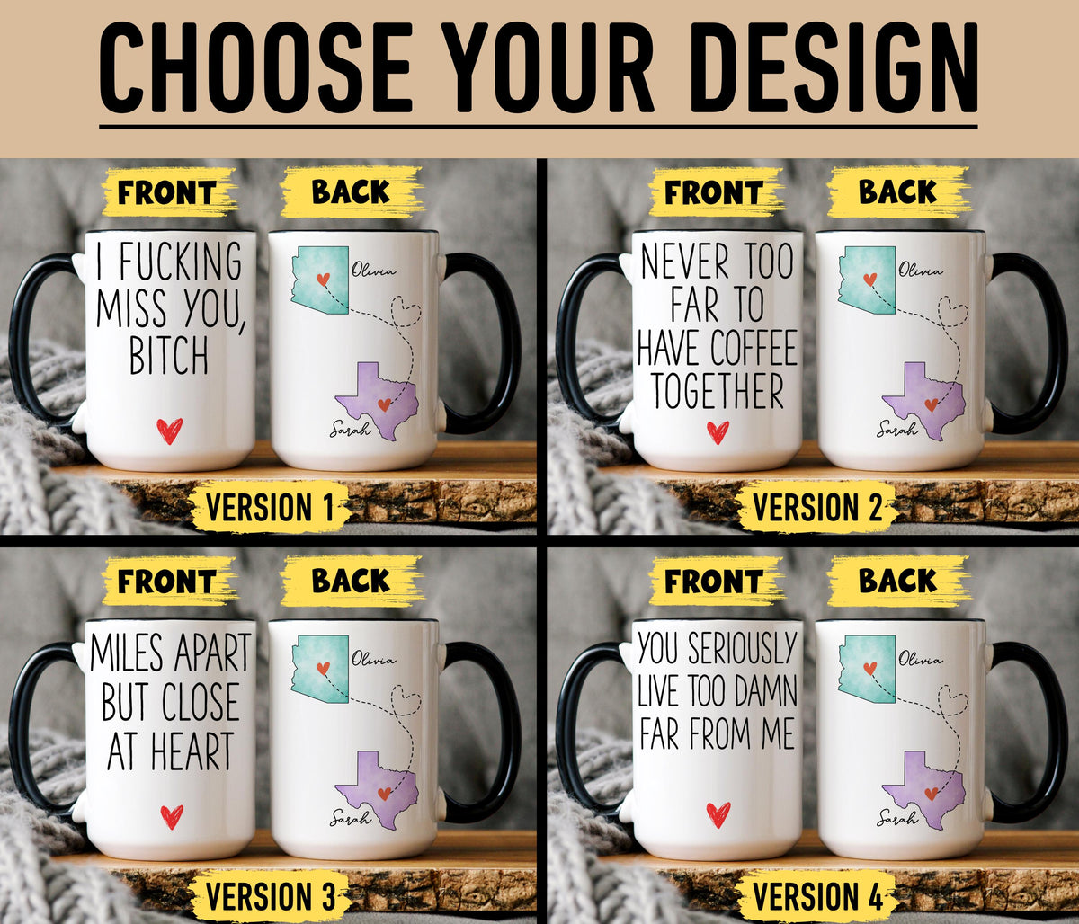 Long Distance Bestie Mug, Personalized Best Friends State to State Mug, Long Distance Friend Gift, Never Too Far BFF Mug, Bestie Going Away