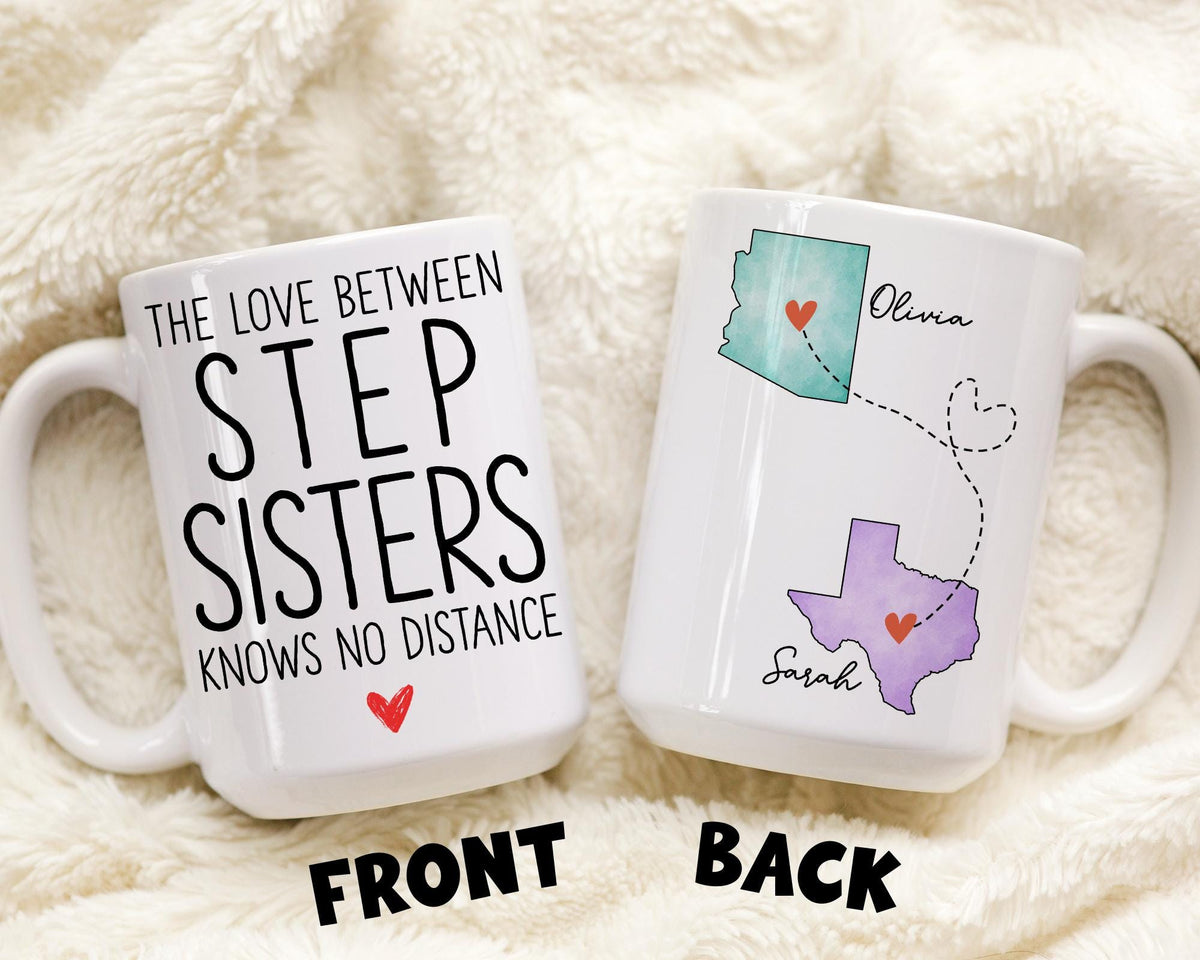 Step Sister Long Distance Mug, Personalized Step Sister State to State Mug, Step Sister Moving Away Gift, Step Sister Relocation Mug