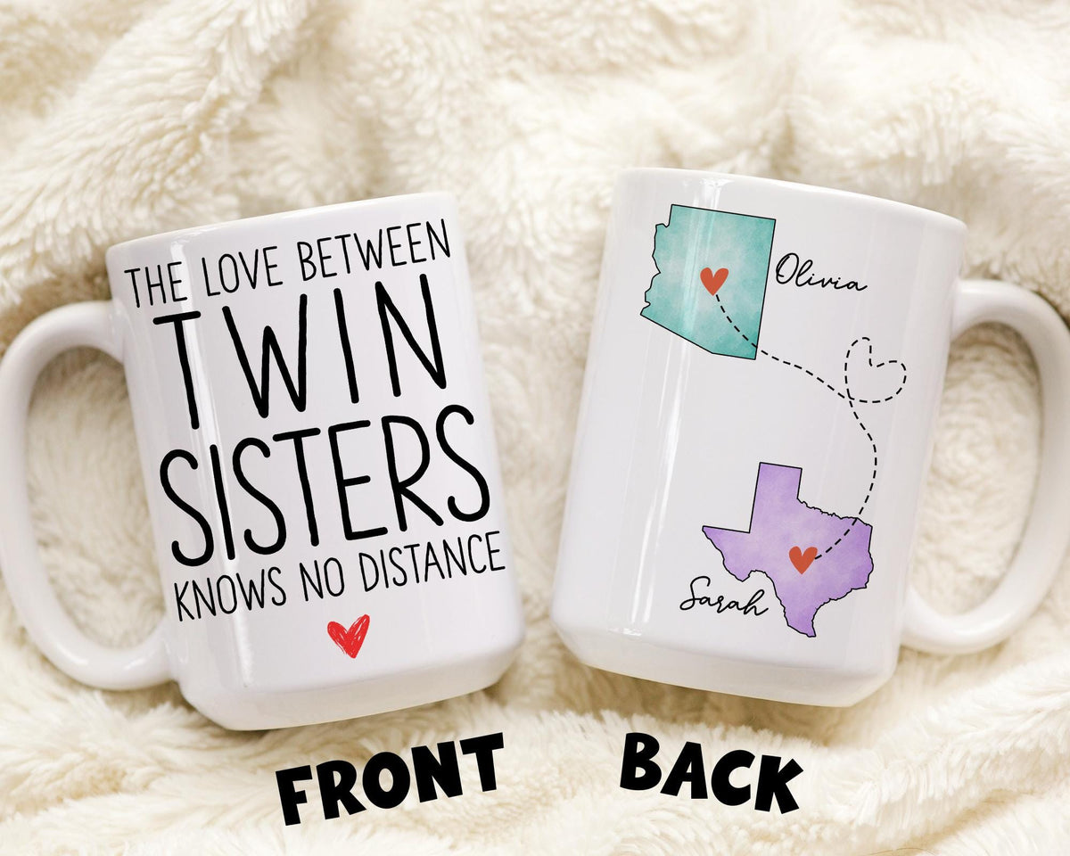 Twin Sister Long Distance Mug, Personalized Twin Sister State to State Mug, Twin Sister Moving Away Gift, Twin Sister Relocation Mug