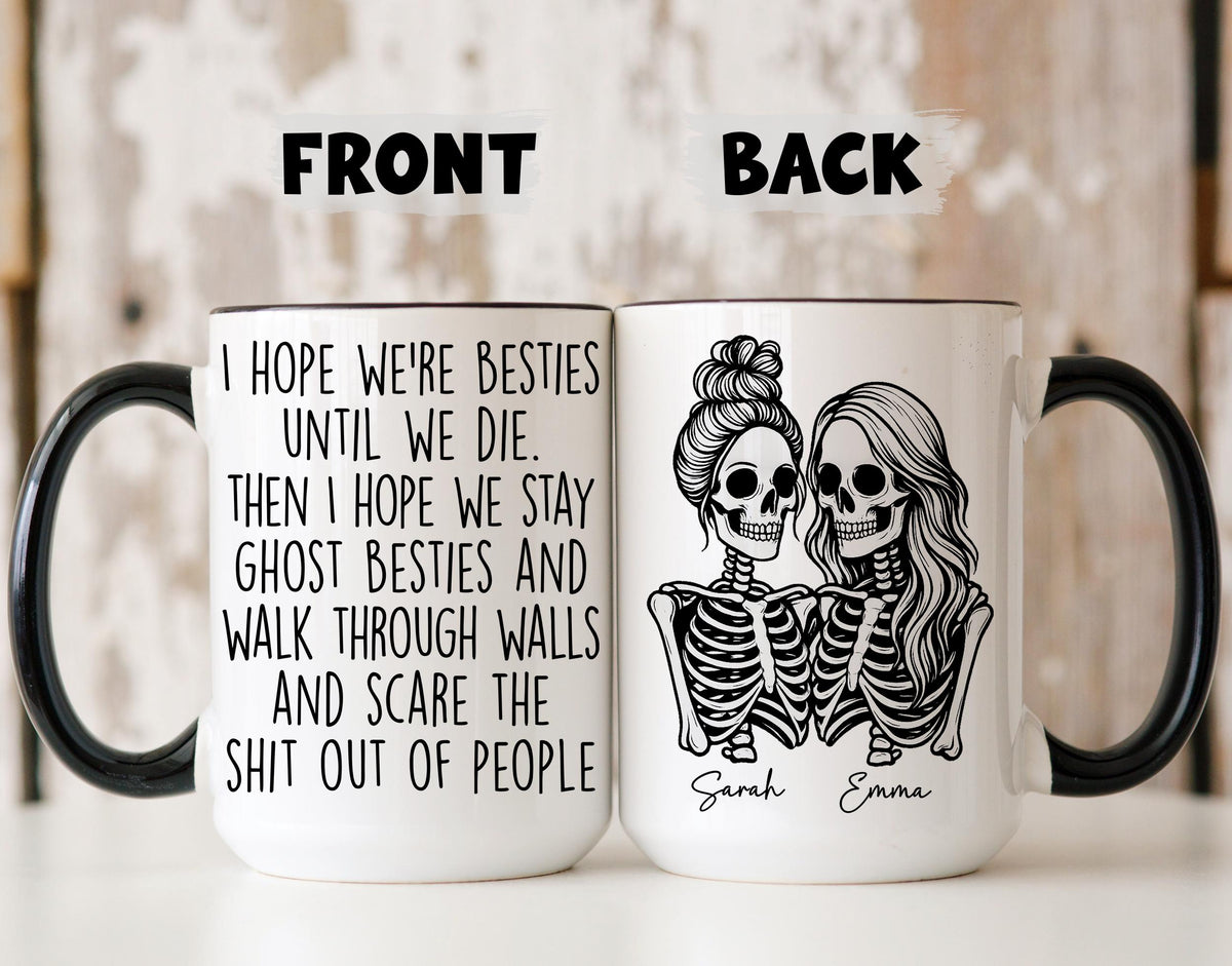 Bestie Skeleton Mug, Personalized Halloween Bestie Gift, Funny Ghost Friend Mug, Custom Witchy Best Friend Mug, Bff Messy Bun Cup