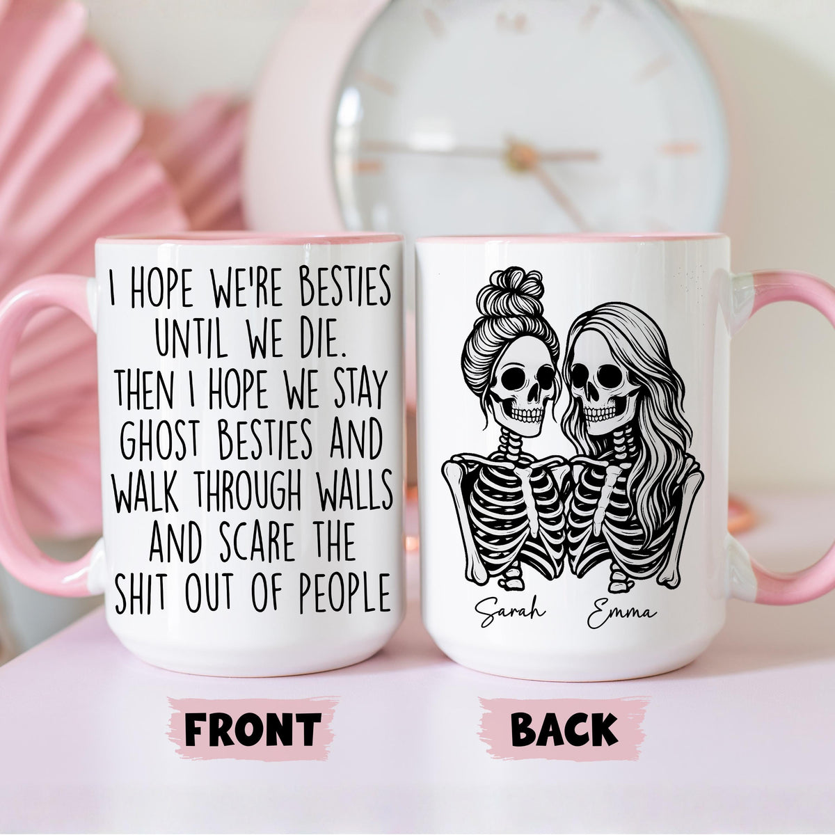 Bestie Skeleton Mug, Personalized Halloween Bestie Gift, Funny Ghost Friend Mug, Custom Witchy Best Friend Mug, Bff Messy Bun Cup