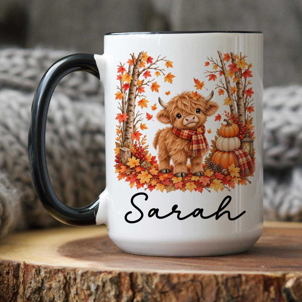 Personalized Baby Cow Mug, Custom Autumn Cow Mug, Cute Fall Leaves Cup, Highland Baby Cow Mug, Autumn Gift for her