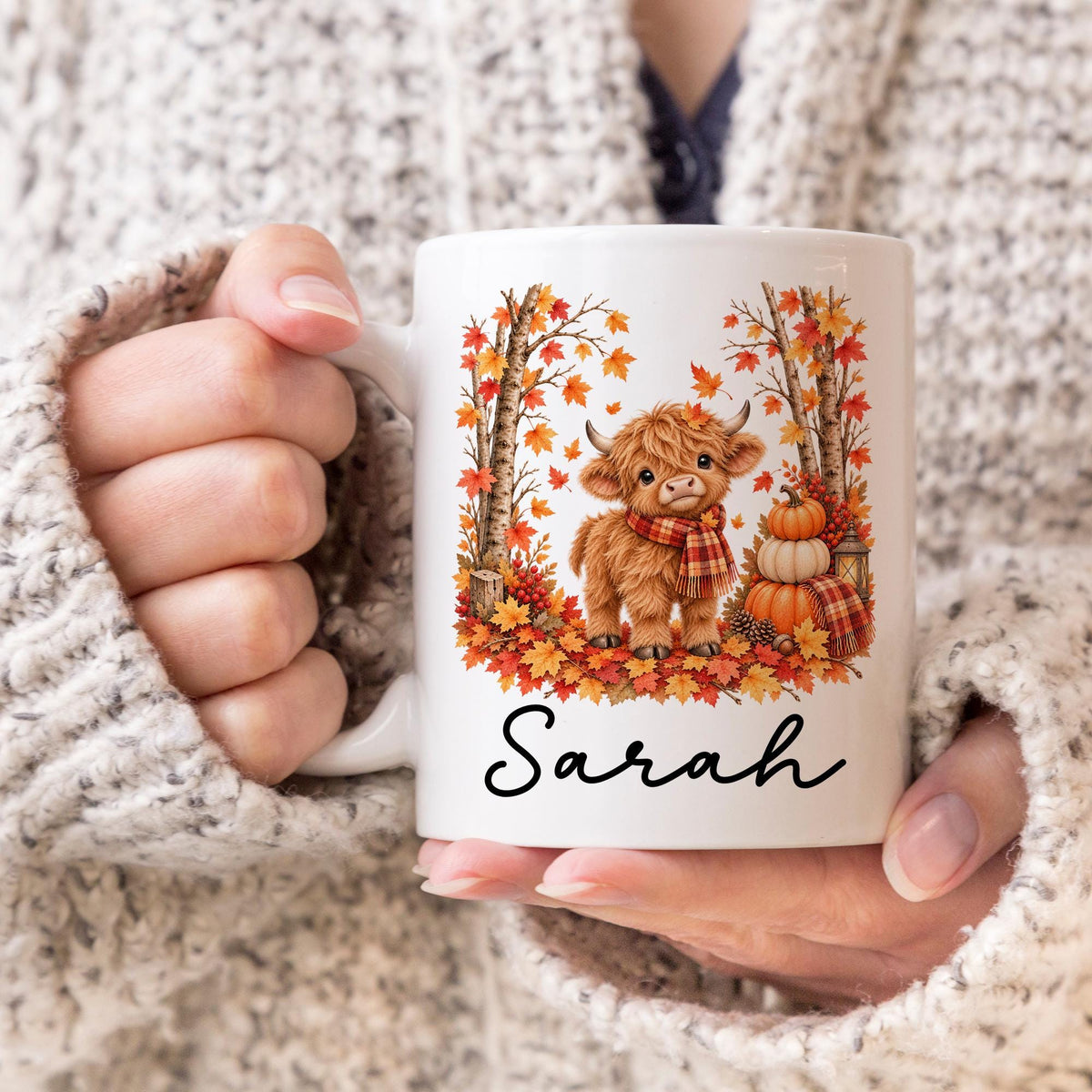 Personalized Baby Cow Mug, Custom Autumn Cow Mug, Cute Fall Leaves Cup, Highland Baby Cow Mug, Autumn Gift for her