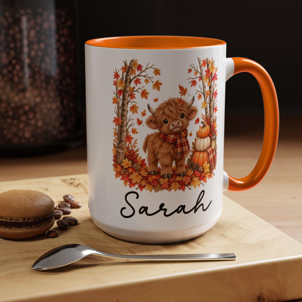Personalized Baby Cow Mug, Custom Autumn Cow Mug, Cute Fall Leaves Cup, Highland Baby Cow Mug, Autumn Gift for her