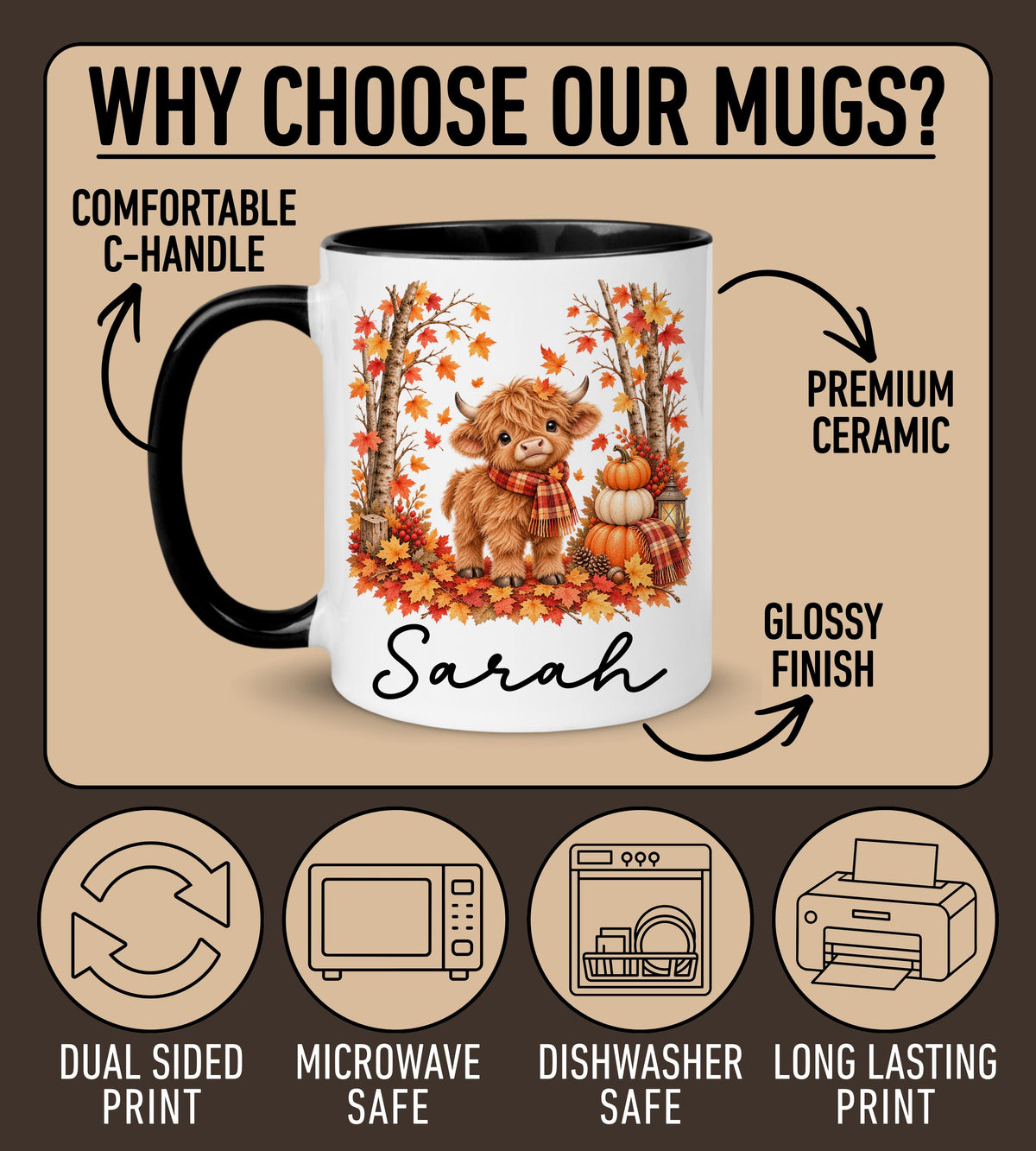 Personalized Baby Cow Mug, Custom Autumn Cow Mug, Cute Fall Leaves Cup, Highland Baby Cow Mug, Autumn Gift for her