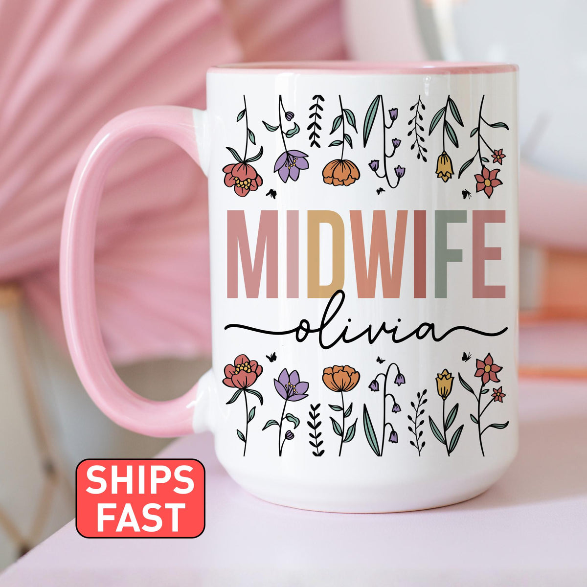 Custom Midwife Mug, Midwife Floral Gift, Midwife Thank you Gift, Midwife Appreciation Present, Labor and Delivery Gift, Home Birth Gift
